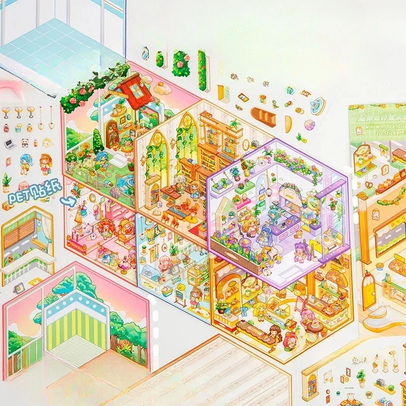 Pegatina de paisaje de dibujos animados Mini mundo DIY bolsillo escena de cabina 3D apilamiento pegado regalo de cumpleaños de Navidad para chico