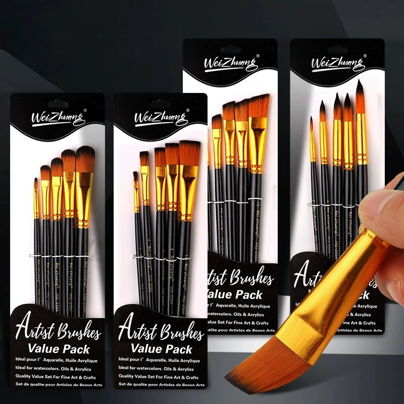 Juego de pinceles de cerdas de nailon, 5 uds., pinceles planos, pintura al óleo de acuarela para artistas, pinturas aficionados y acrílicas, pinceles de tela