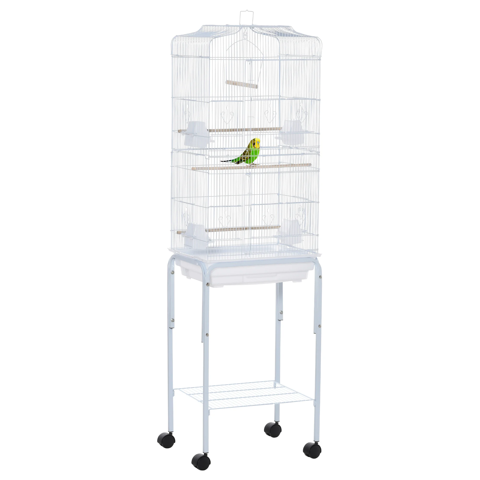 PawHut Jaula para Pájaros con Ruedas 46,5x36x157 cm Jaula Metálica de Aves con Puertas 4 Comederos 3 Perchas Bandeja Extraíble y Estante de Almacenaje para Canarios Periquitos Blanco