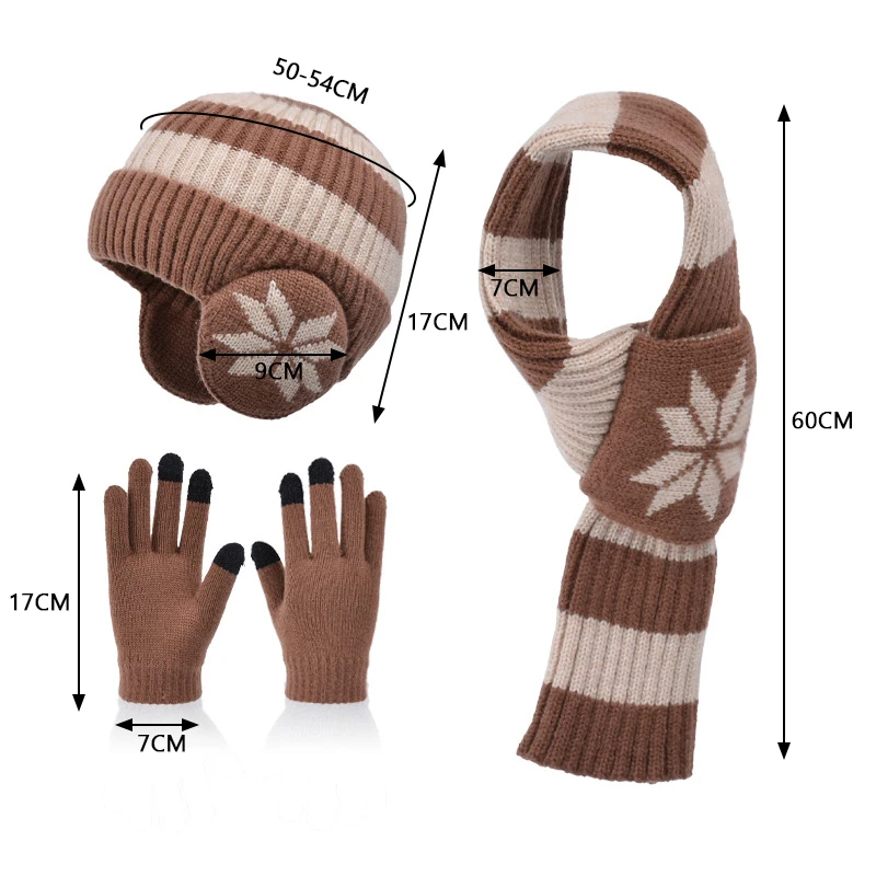 Gorros para niños, guantes, bufanda, gorro tejido a rayas a la moda, gorro de invierno para niño y niña, gorros con protección para los oídos de terciopelo, conjunto de artículos cálidos para niños, 3 uds. - imagen 2