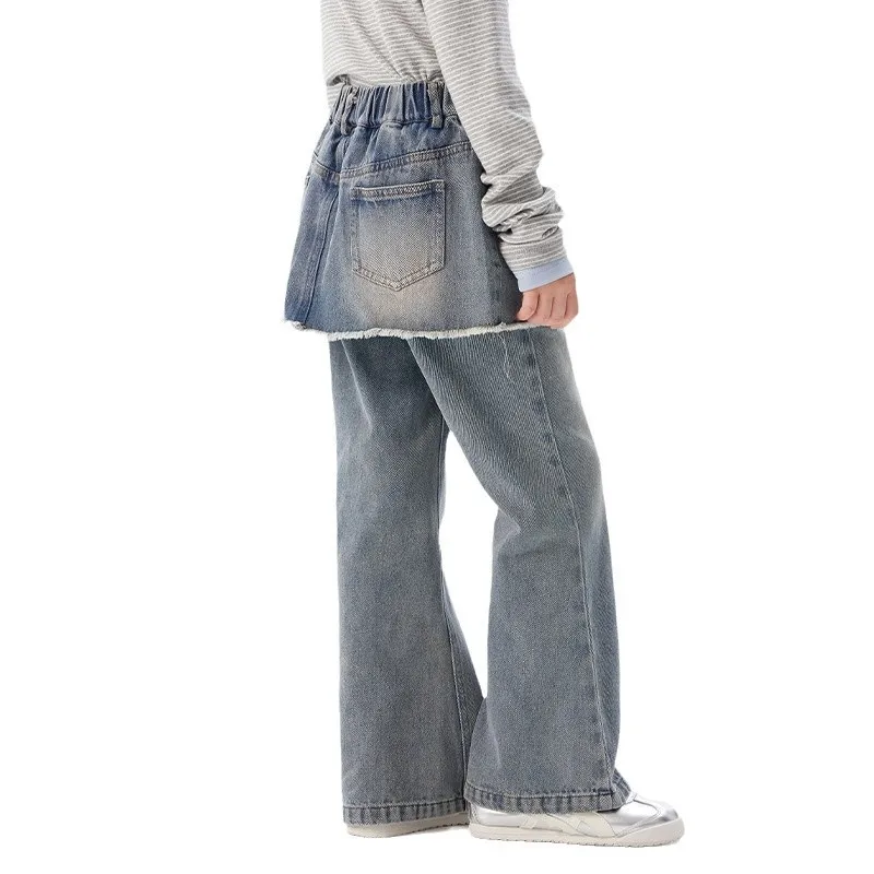 ¡2025 nuevos pantalones vaqueros coreanos falsos de dos piezas de otoño para niñas: pantalones casuales elegantes, suaves, duraderos y de moda para niñas grandes y pequeñas! - imagen 5