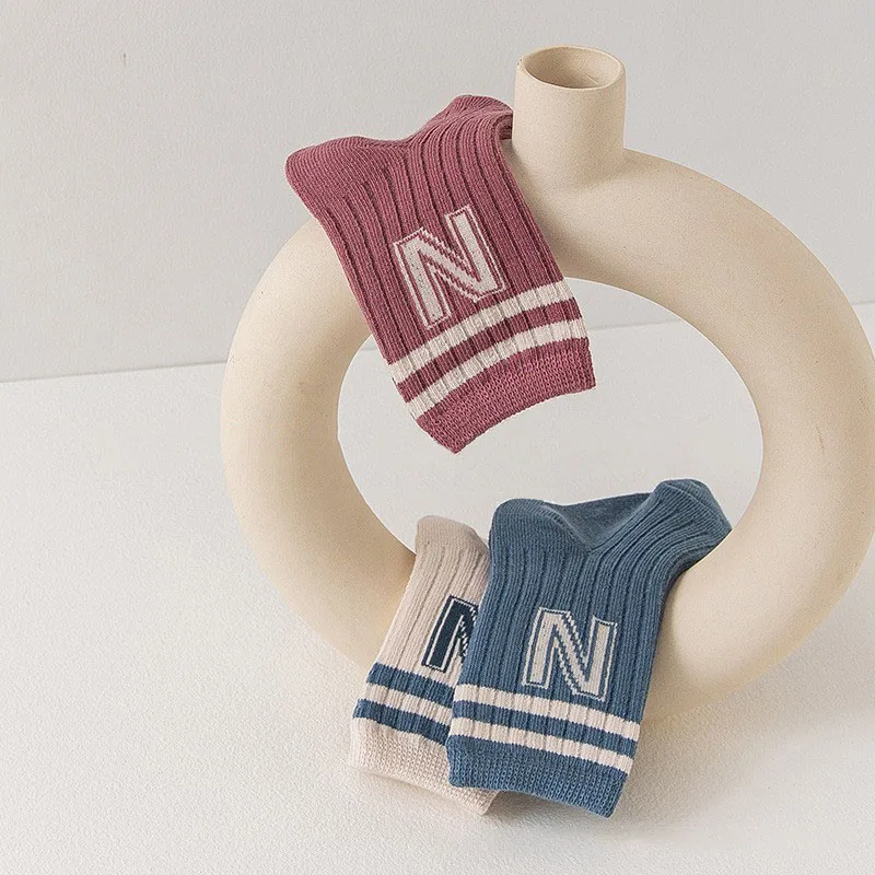3 par/lote otoño bebé en calcetines de tubo 0-5T lindo "N" doble raya niños niñas hasta la rodilla calcetines niños calcetines de ocio - imagen 5