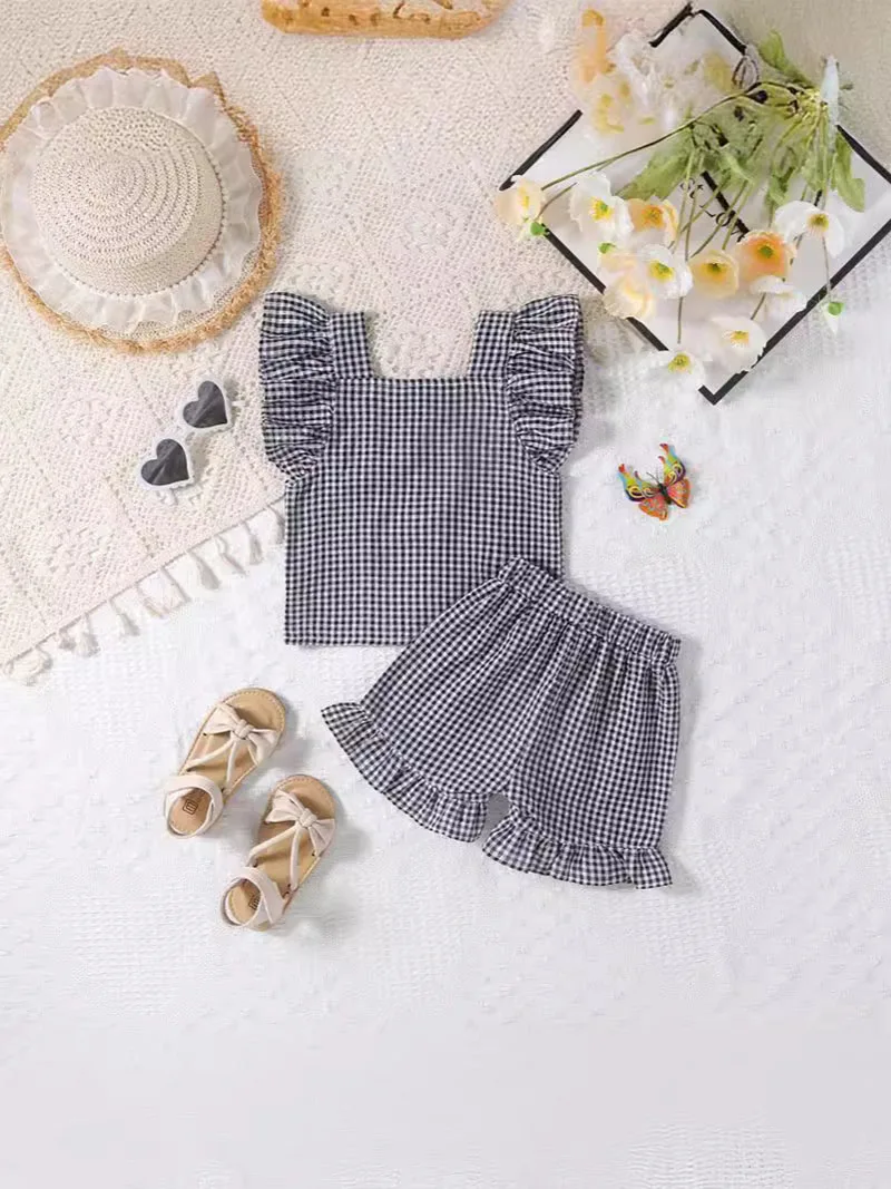 Conjunto de cuadros para niños y niñas, chaleco sin mangas, camisa y pantalones cortos, conjunto de dos piezas, ropa holgada de verano - imagen 4