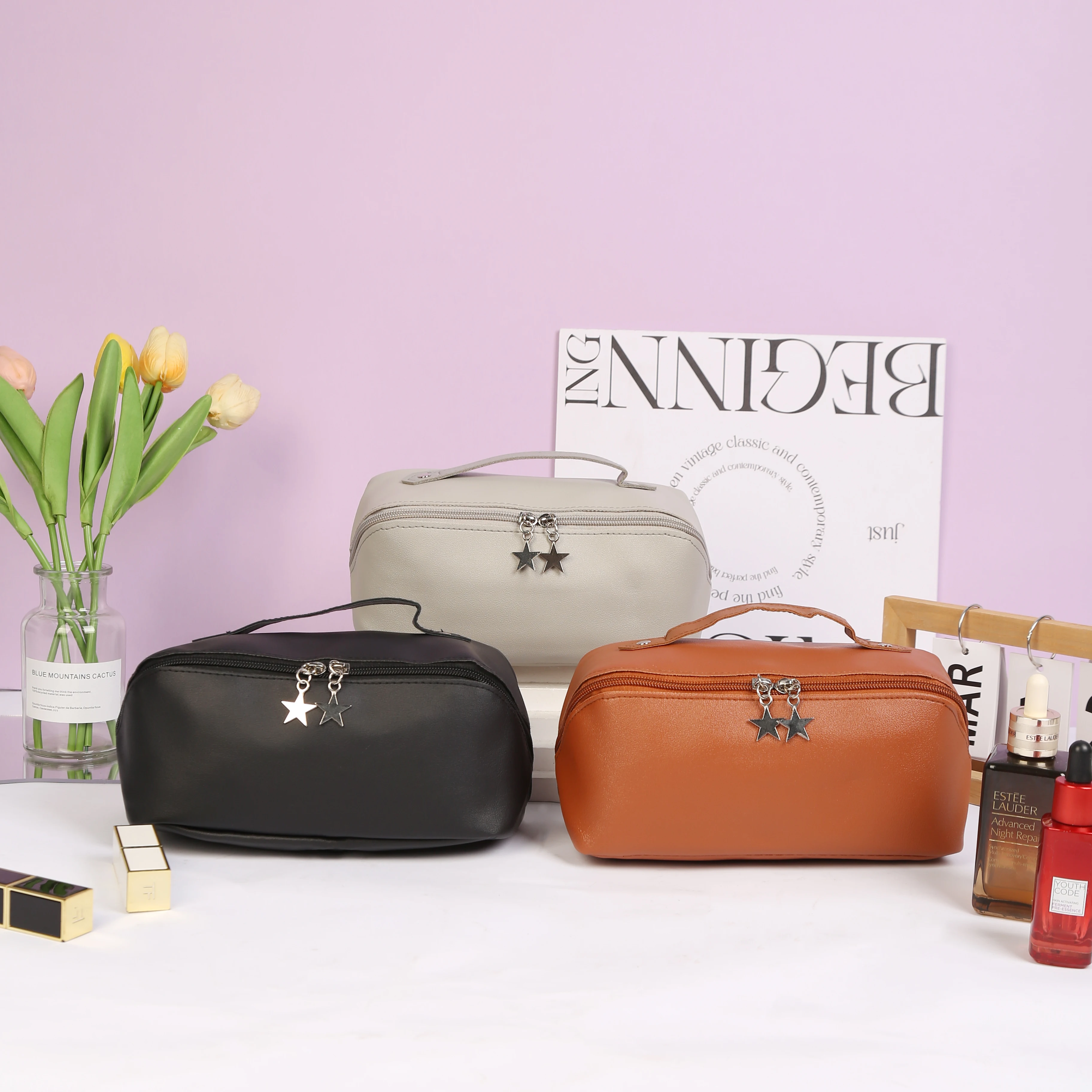 Bolsas de cosméticos para mujer, elegante bolsa de maquillaje de cuero PU, organizador de artículos de tocador de viaje, bolsa colgante de almacenamiento, bolso de maquillaje de mano coreano - imagen 2