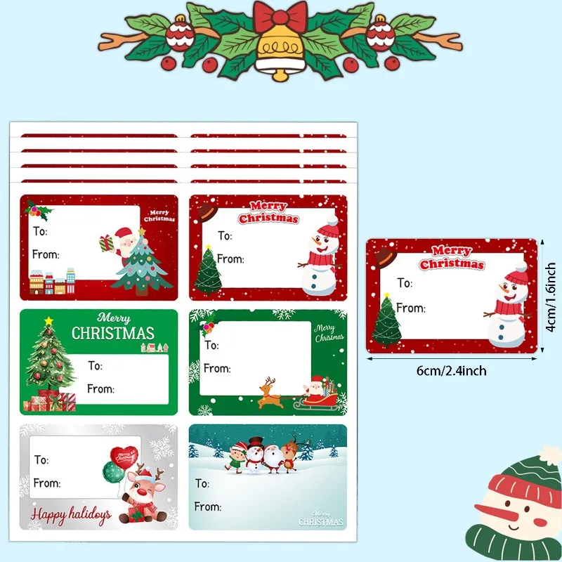 60 uds/10 hojas etiquetas de Navidad 8 pegatinas de regalo de diseño etiqueta de nombre con muñecos de nieve de Papá Noel árbol de Navidad campanas de Reno etiqueta decorativa de vacaciones - imagen 2