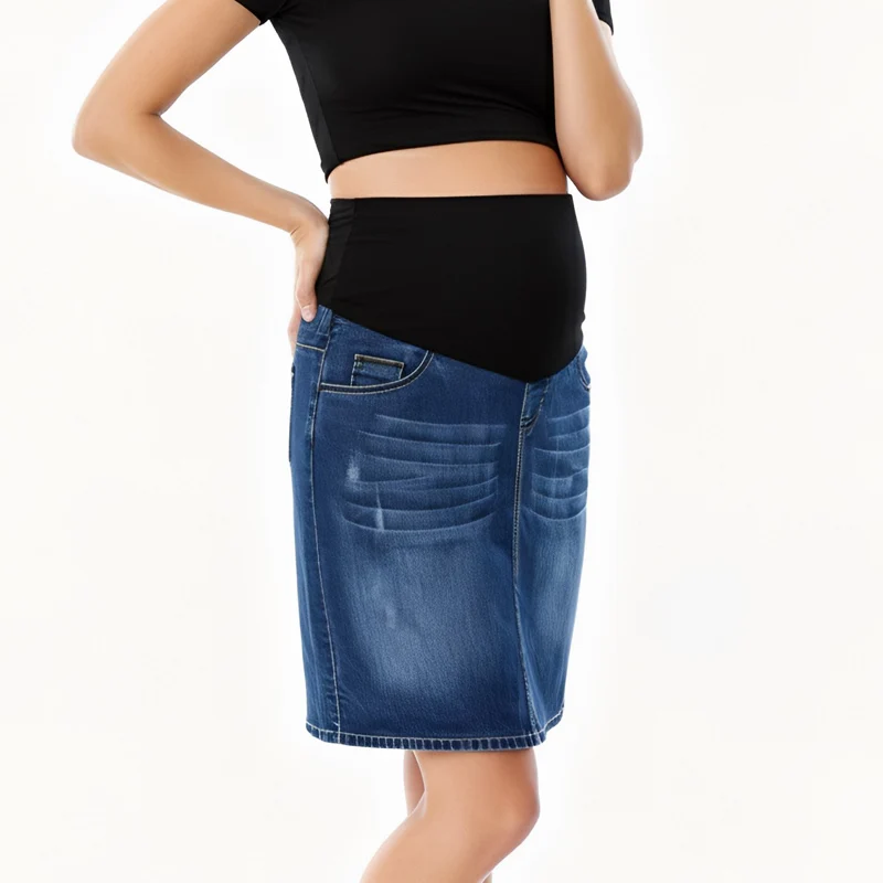 Ropa para mujeres embarazadas, falda vaquera de maternidad, cintura alta, buen estiramiento, banda de cintura plegable, falda vaquera para embarazo de talla grande S a 4XL - imagen 4