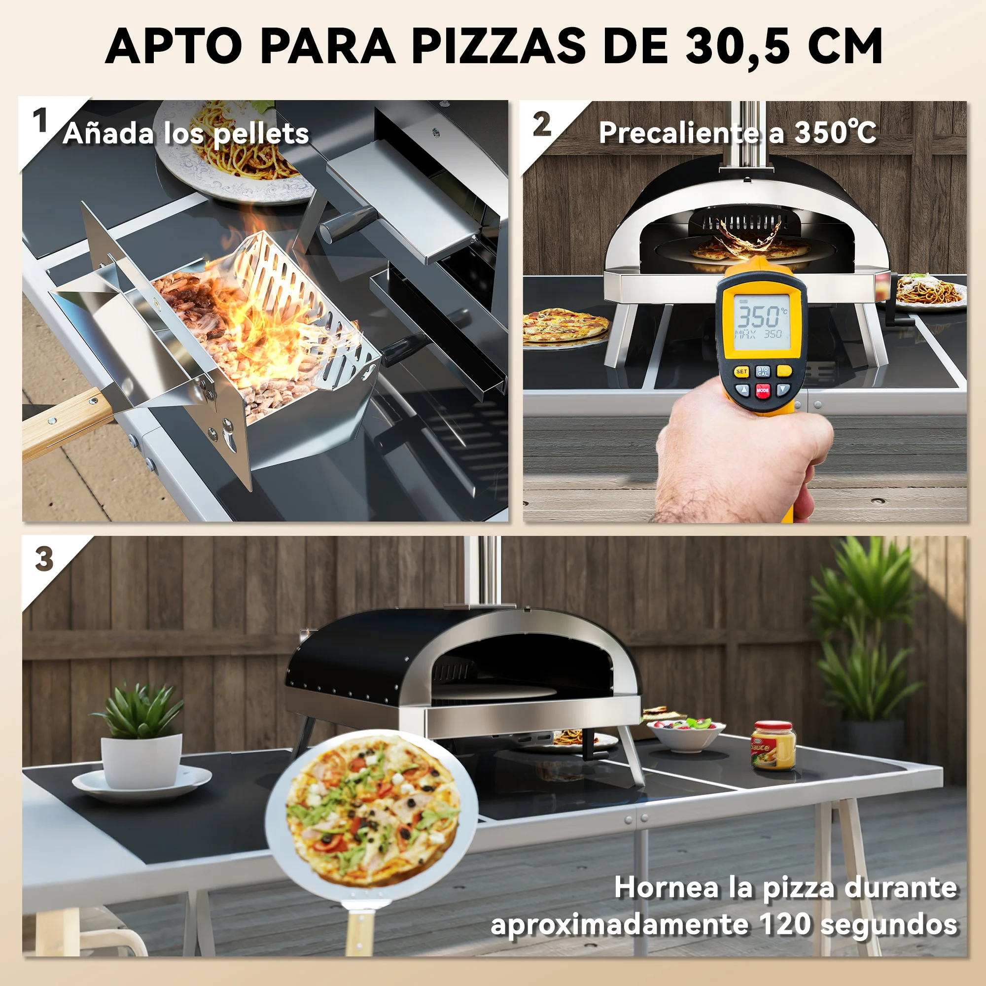 Outsunny Mini Horno de Pizza Exterior Portátil Horno de Leña con Piedra Refractaria Ø33 cm Pala Mangos de Madera Termómetro y Bandeja Giratoria para Jardín Terraza Camping Patio - imagen 4