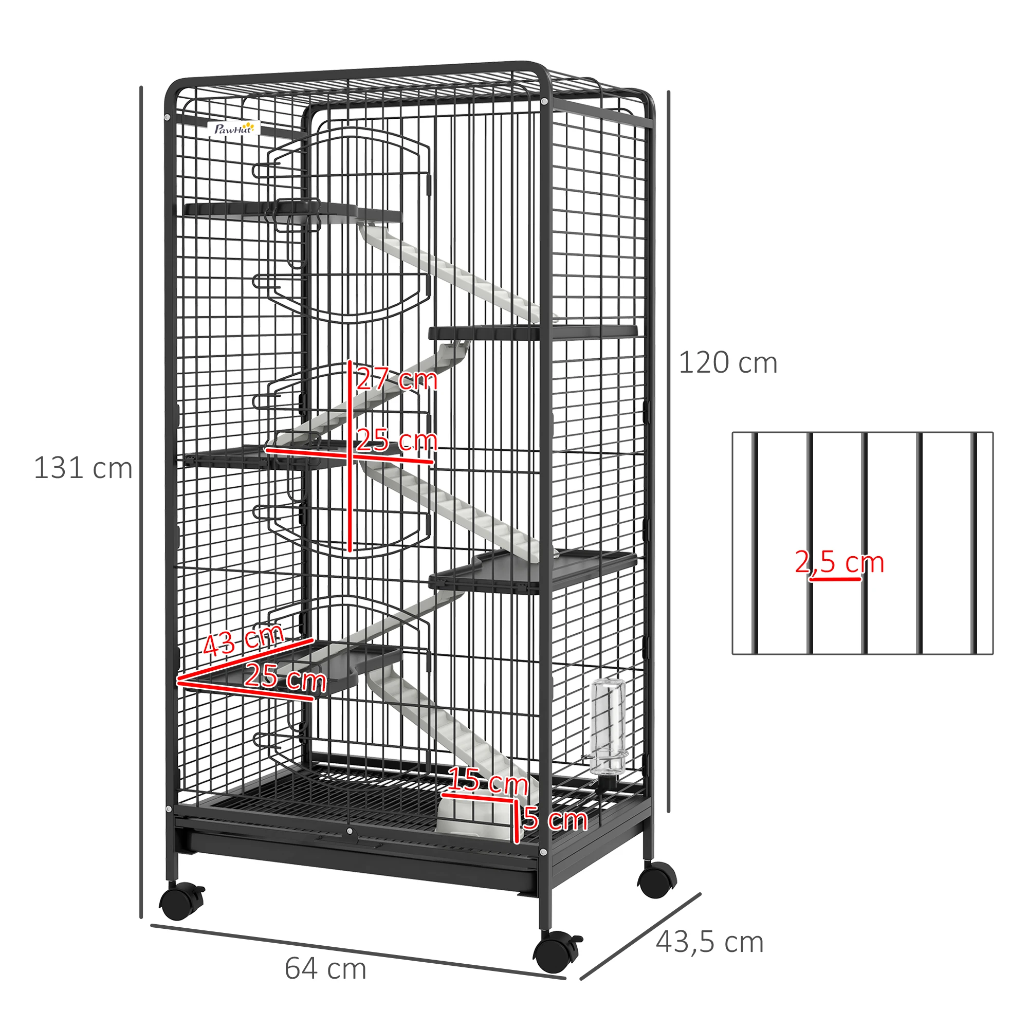 PawHut Jaula para Animales Pequeños Jaula para Roedores con Ruedas Rampa Cuenco Botella de Agua y Bandeja Extraíble Recinto para Conejos Chinchillas Hurones 64x43,5x131 cm Negro - imagen 3