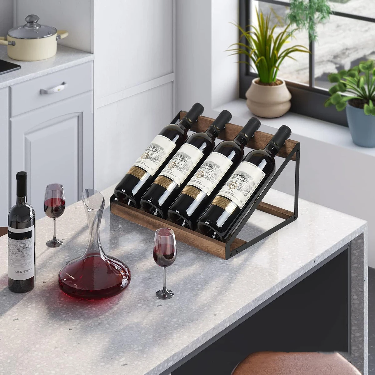 Botellero de vino inclinado de madera y hierro de varios niveles - imagen 2