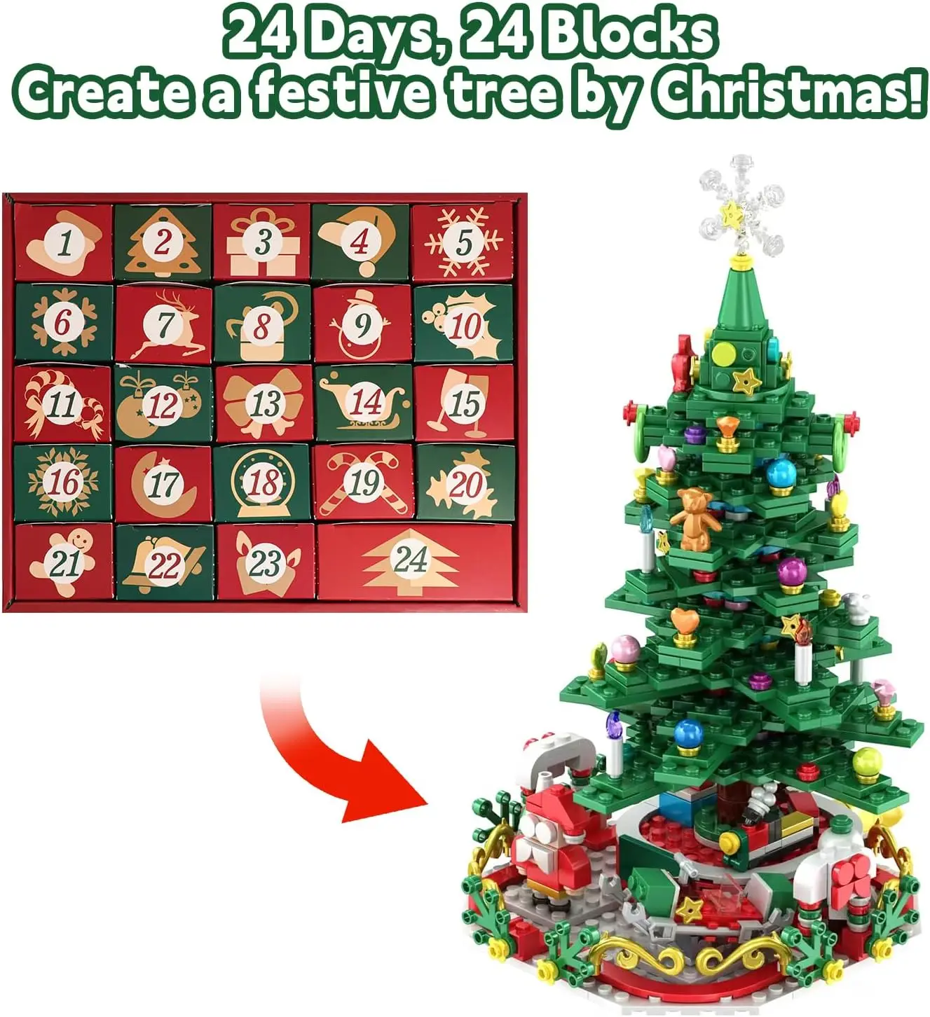Calendario de Adviento para niños, bloques de construcción de árbol de Navidad con luces LED, 24 días sorpresa, juguetes de tallo de cuenta regresiva de Navidad - imagen 4