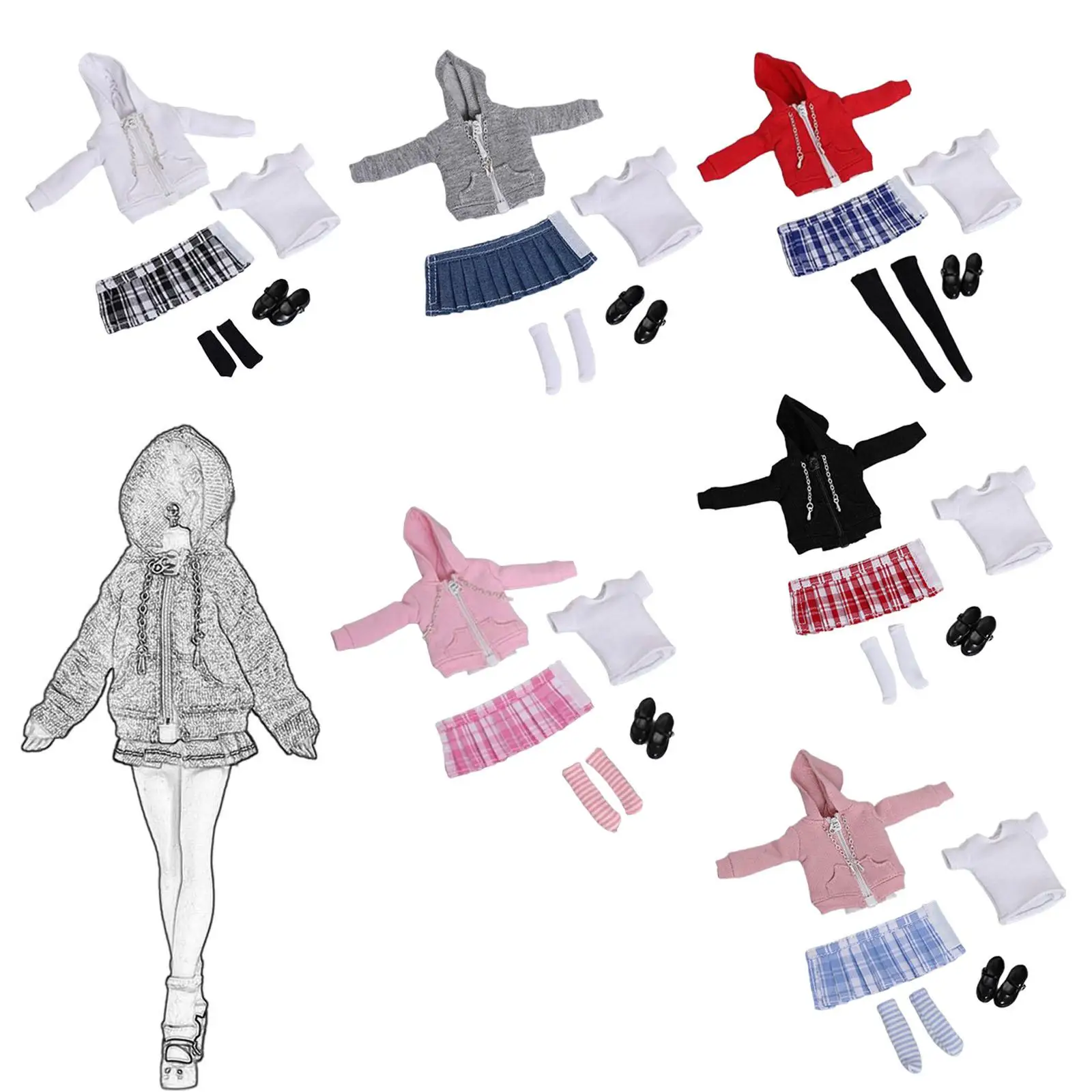 1/12 Scale Figure Clothing Set Doll Uniform Kits,Miniature Character Clothing Zipper Hoodie Skirt for Club Gifts Living Room