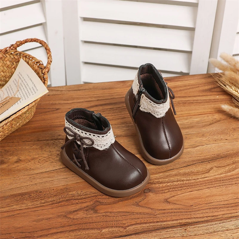 Otoño Invierno, botas de nieve para niñas, zapatos de princesa con lazo de felpa para niños, suela suave antideslizante, botas para niños pequeños a prueba de viento para exteriores - imagen 3