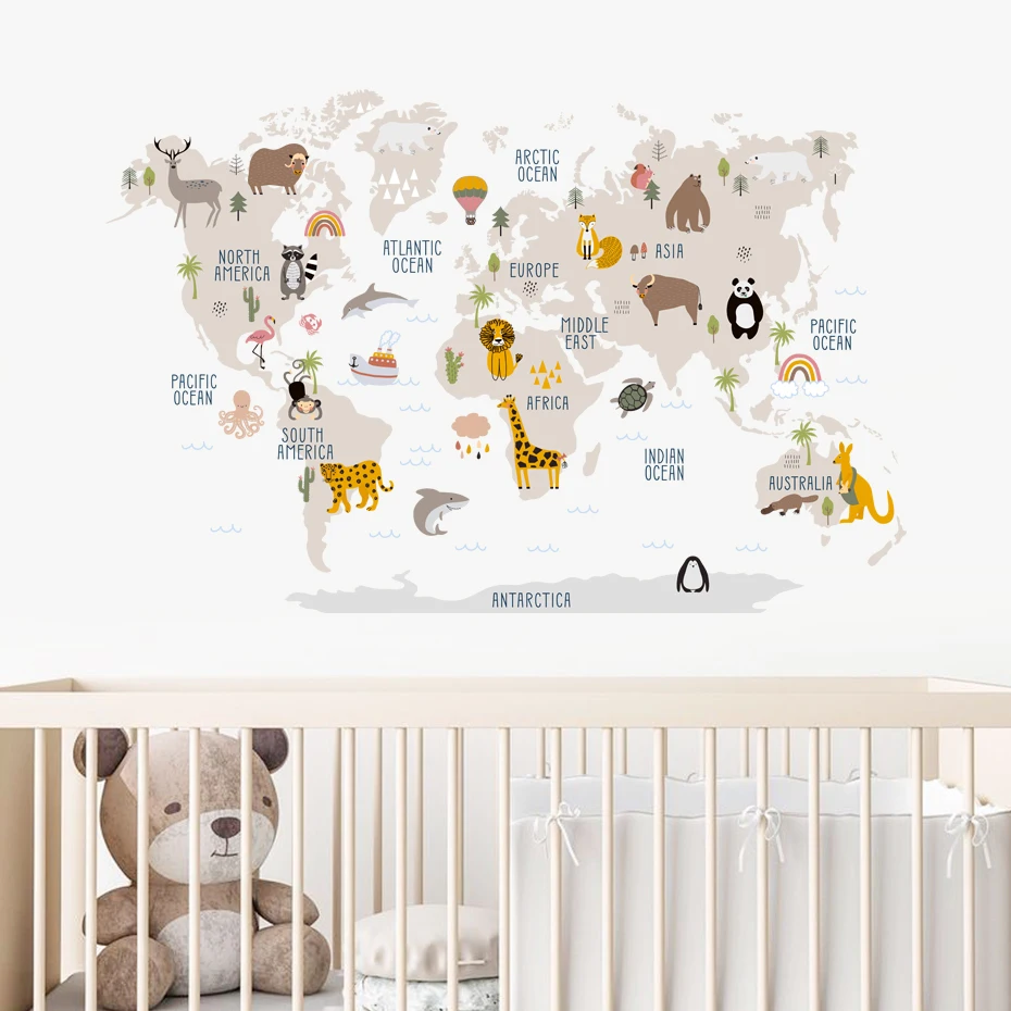 Pegatinas de pared vinilo mapa mundo infantil – Acuarela con animales - imagen 5