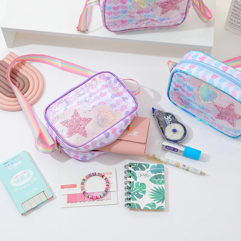 ¡Nuevo bolso para niñas de dibujos animados de unicornio: correa de arcoíris brillante, diseño de corazón de estrella, hombro/bandolera bidireccional, lindo y práctico! - imagen 4