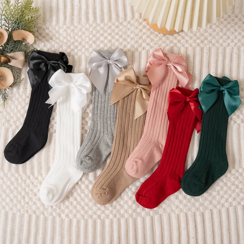 Calcetines para niñas, Otoño Invierno, niños, lazo grande hasta la rodilla, largos, suaves, lindos calcetines de Navidad para niños, calcetines rojos de algodón para recién nacidos de 0 a 8 años