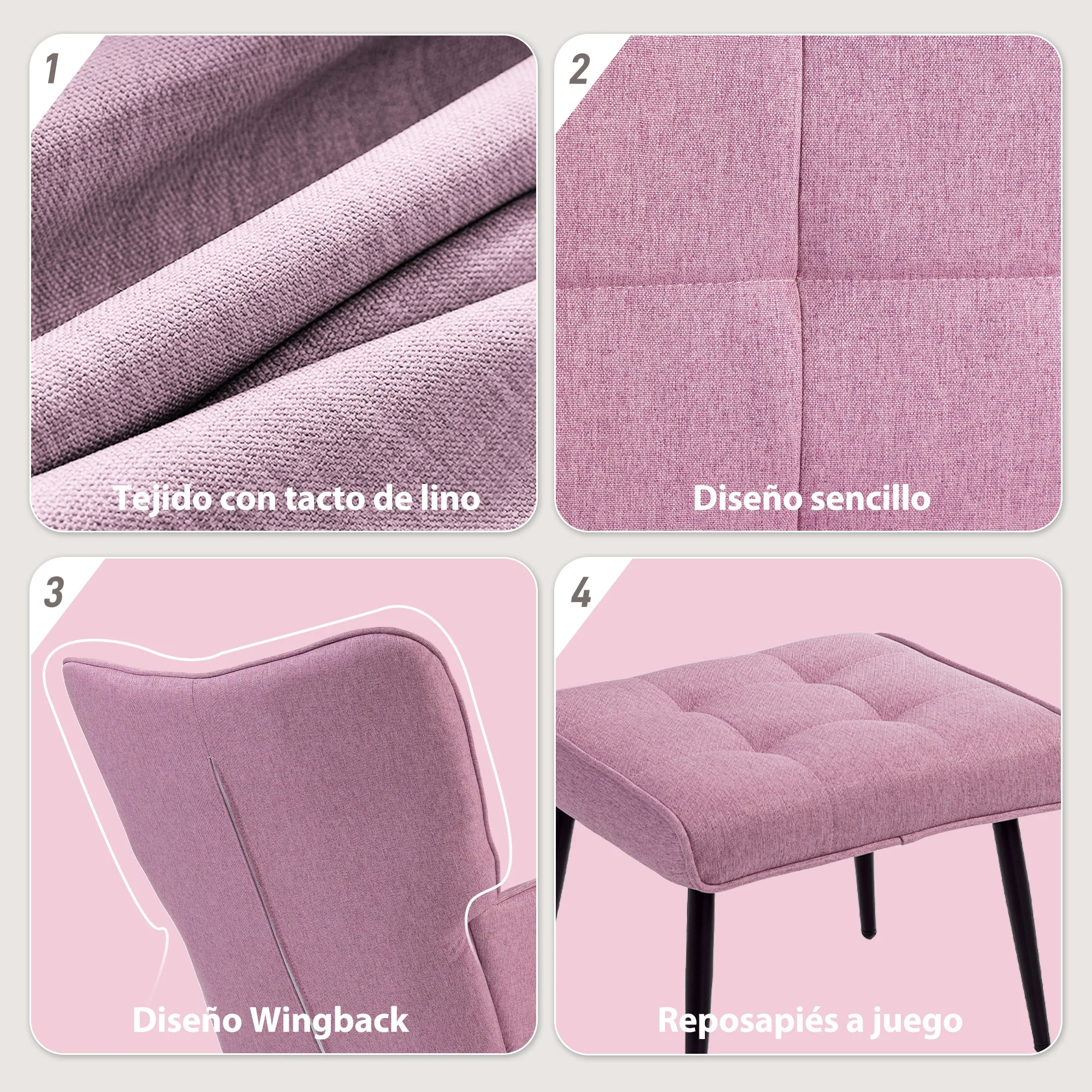 HOMCOM Silla Mecedora con Reposapiés, Sillón de Relax, con Cojín Acolchado, Respaldo Alto, Reposabrazos y Patas de Madera, Carga 130 kg, para Salón, Dormitorio, Rosa - imagen 5