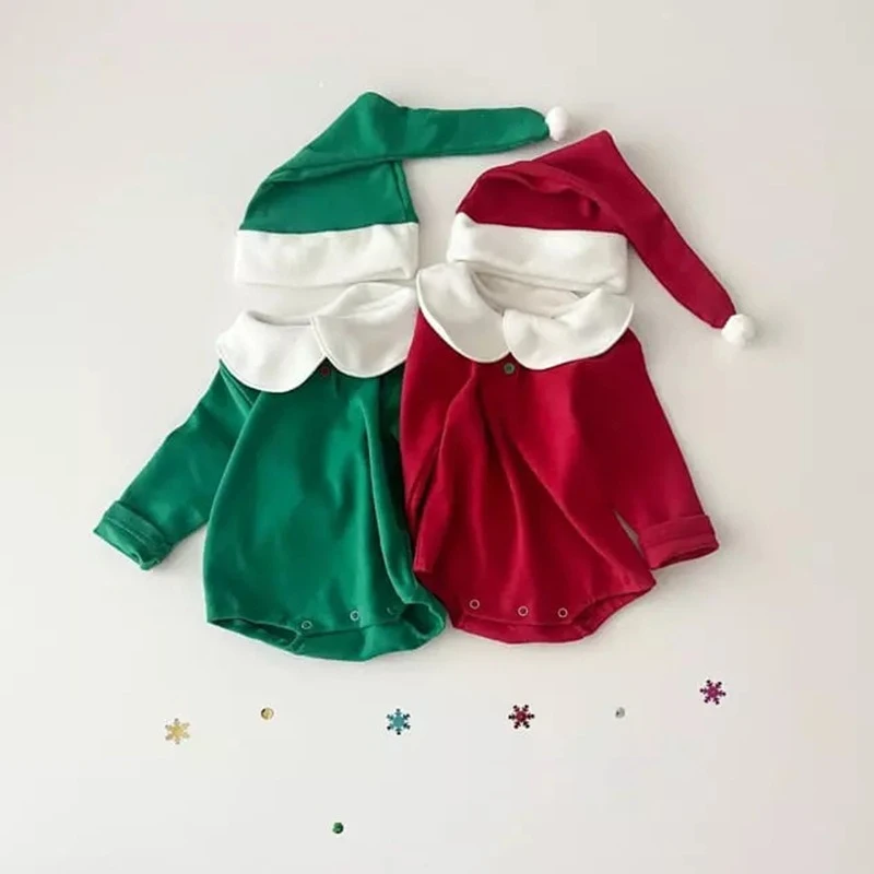 Mameluco triangular bonito Unisex para bebé con sombrero para Navidad niños cuello de solapa mono de manga larga niñas cómodo Año Nuevo - imagen 3