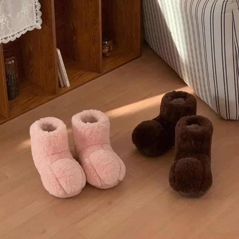 Zapatos de casa esponjosos con pata de gato de dibujos animados para mujer, zapatillas de algodón para interiores, botas de nieve antideslizantes de piel sintética cálidas para el hogar y la calle - imagen 5