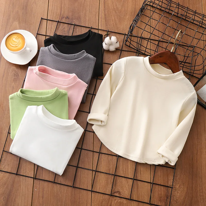Camiseta cálida de invierno para bebés, camiseta de manga larga con cuello medio alto y parte inferior de Color sólido para niños y niñas, ropa para niños