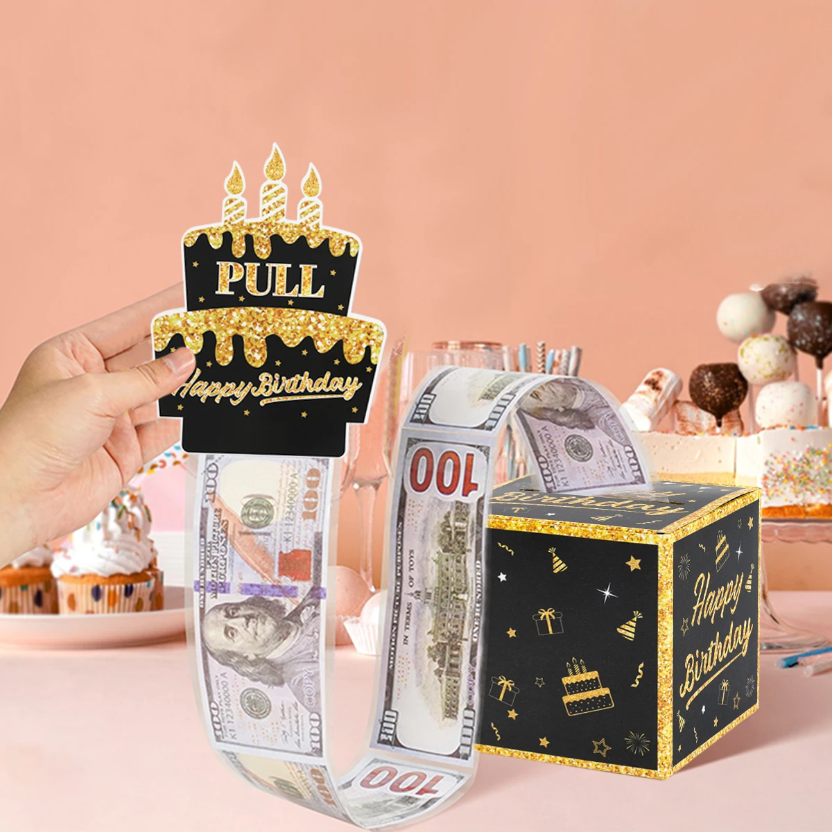 Caja de regalo de efectivo de cumpleaños de oro negro, caja de regalo de efectivo de feliz cumpleaños, Clip de dinero de oro rosa, suministros de fiesta de cumpleaños sorpresa - imagen 4