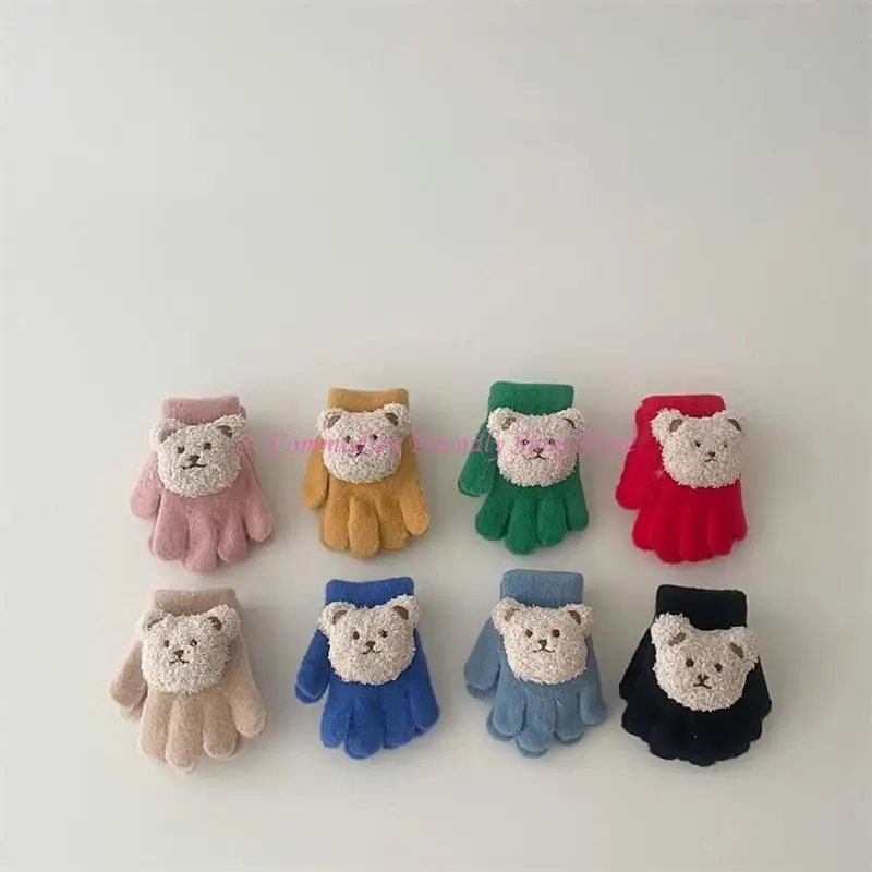 85AE Guantes tejidos invierno con dedos completos Patrón oso dibujos animados Manoplas cálidas Color sólido - imagen 3