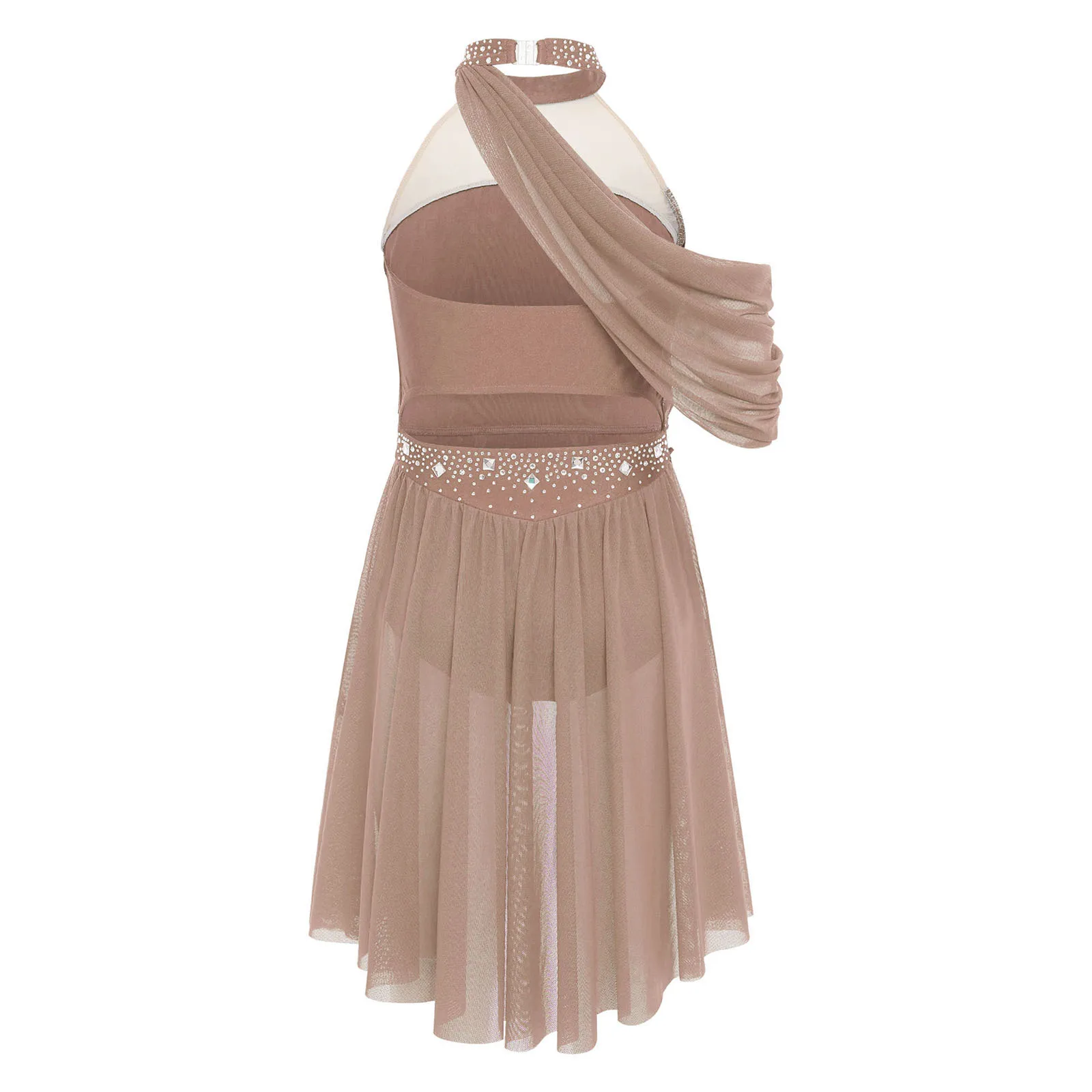 Vestido de leotardo de Ballet para niñas, disfraz de bailarina lírica, cuello Halter, espalda descubierta, recortes en la espalda, diamantes de imitación fruncidos para puesta en escena - imagen 3