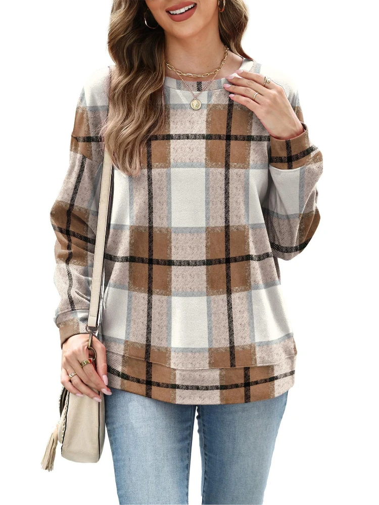Sudadera con cuello redondo para mujer, camisa holgada de manga larga a cuadros, Top suave y versátil para Navidad, primavera y otoño - imagen 4