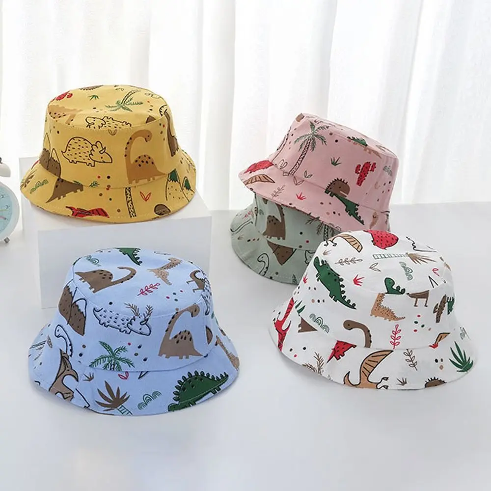 Gorros de cubo para bebé con estampado de dinosaurio de dibujos animados de verano, protección ajustable para el cuero cabelludo, sombrero de playa, protector solar para niños, sombrero para niñas - imagen 2