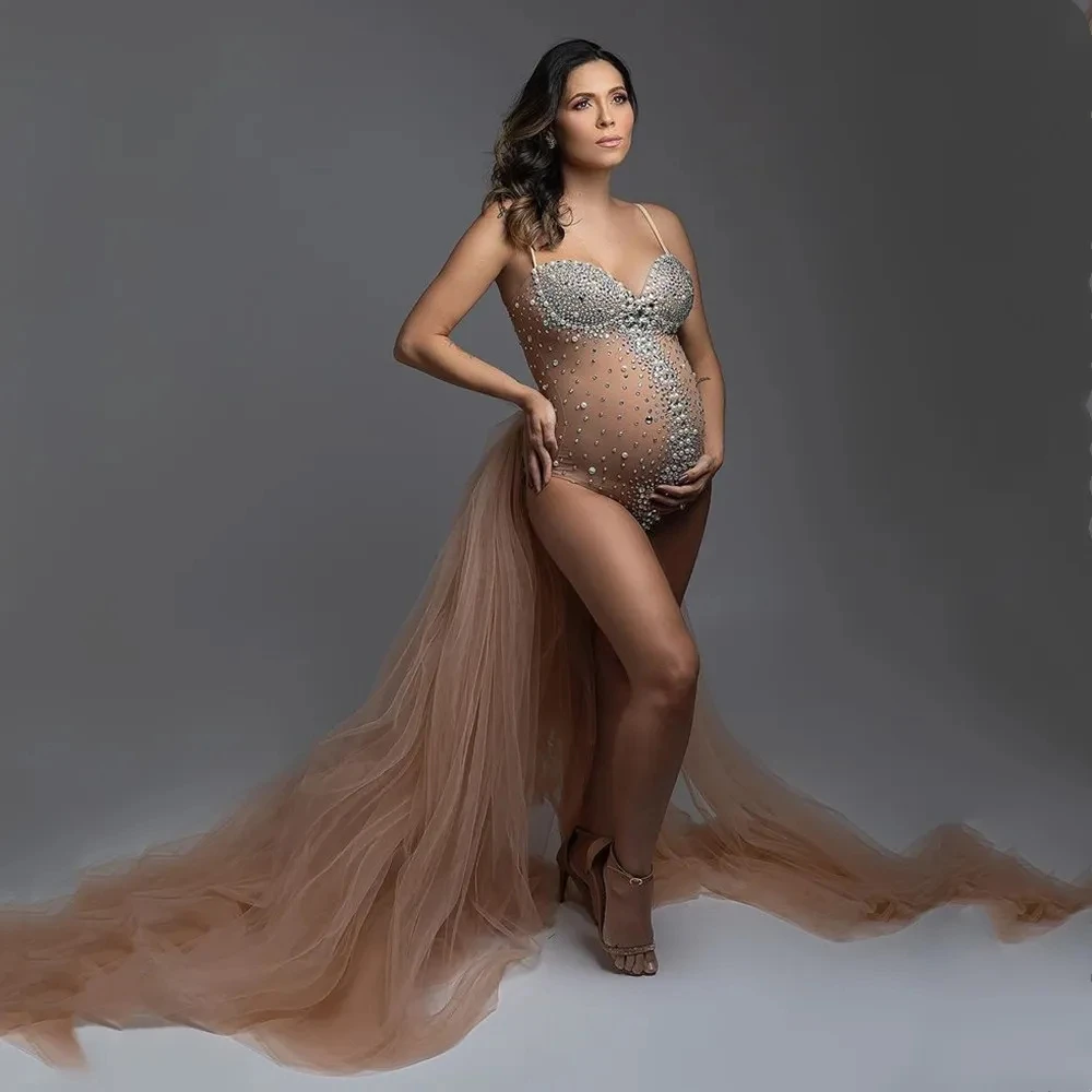 Body elástico de malla para sesión de fotos de maternidad con cristales brillantes diamantes de imitación fotografía de embarazo mono ajustado para embarazadas - imagen 3
