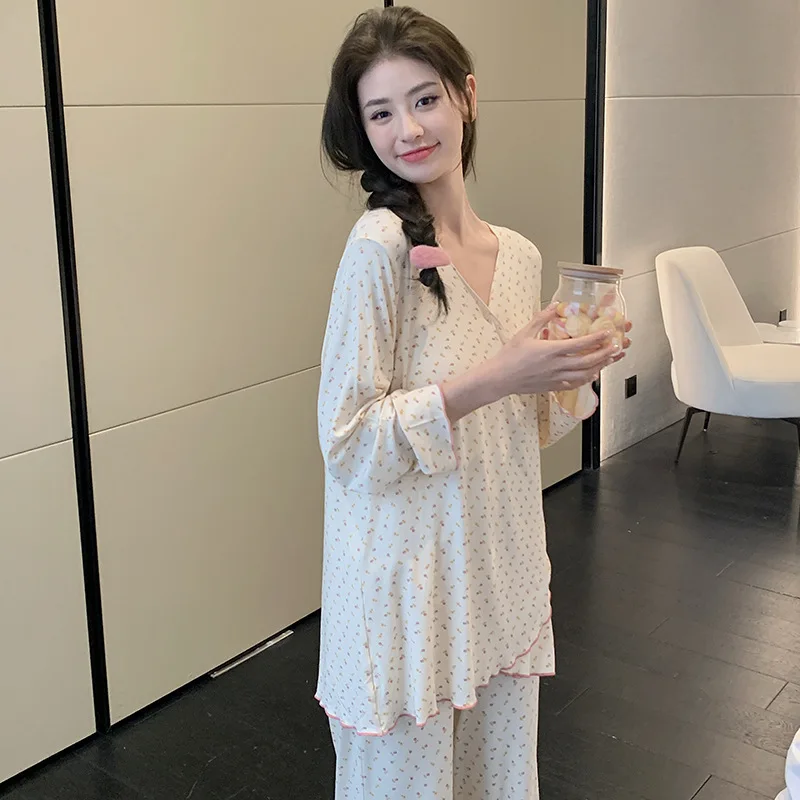 Pijamas de maternidad para amamantar, ropa de maternidad Modal para lactancia para mujeres embarazadas, Top de manga larga + Pantalones, conjuntos de ropa de dormir