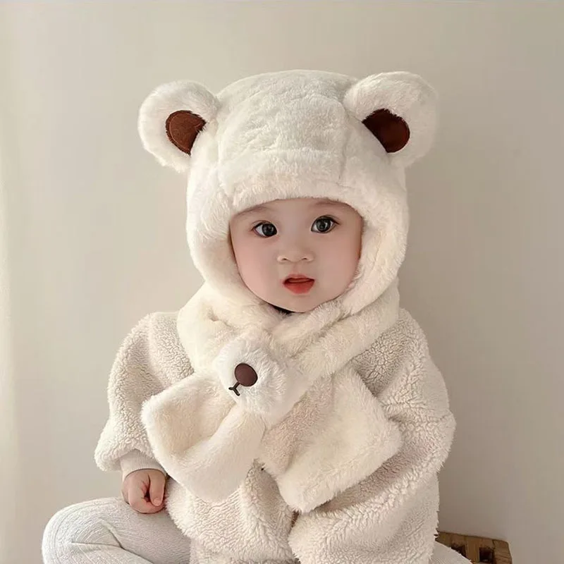 Gorro con protección para los oídos para niños de invierno, 1-3T, oso de dibujos animados, gorro y bufanda cálidos para niñas, gorro dulce integrado para niños pequeños - imagen 4