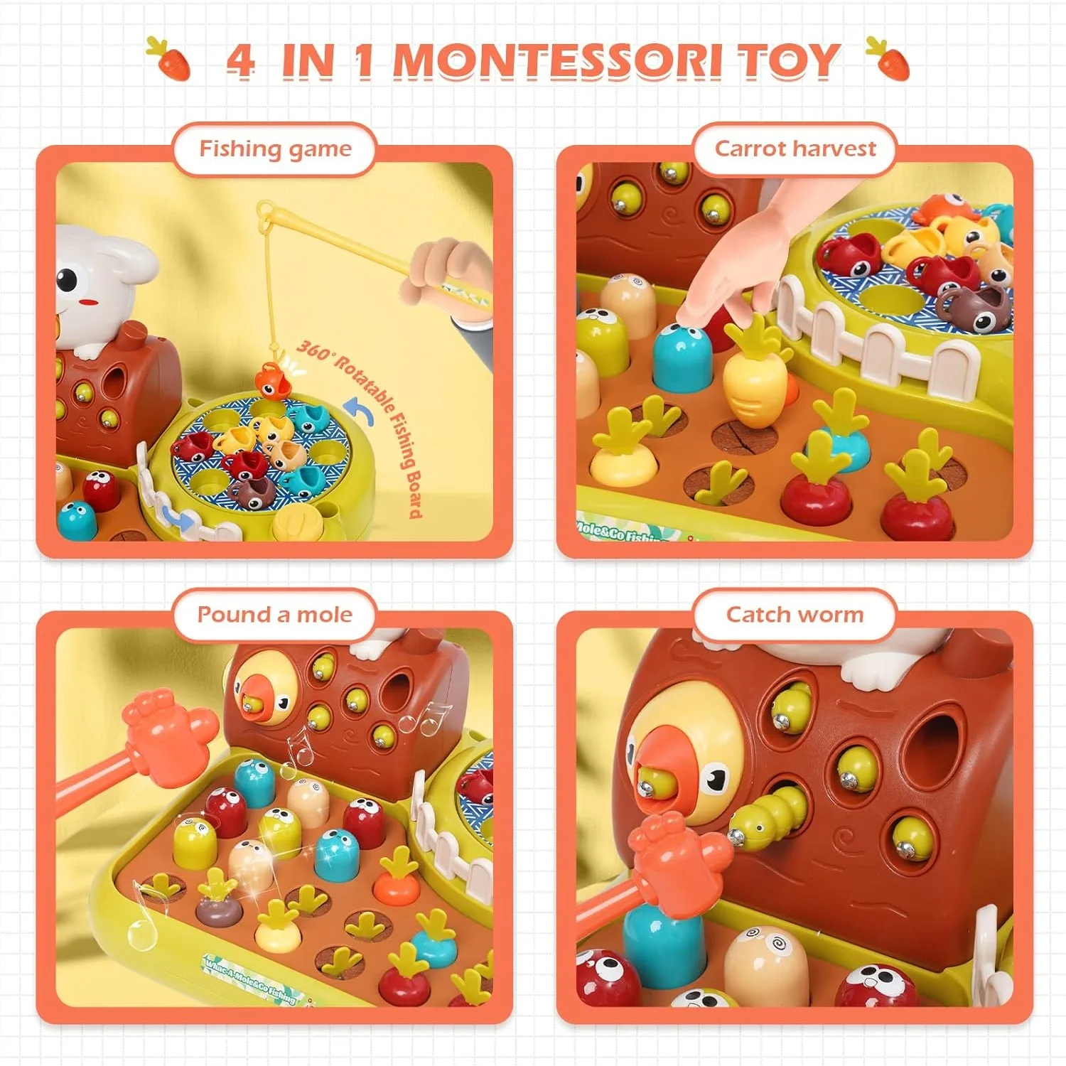 Juguetes Montessori 4 en 1 para niños pequeños, juego de talpa, cosecha de zanahorias, juego de pesca, aprendizaje temprano para bebés, regalo educativo de cumpleaños - imagen 3
