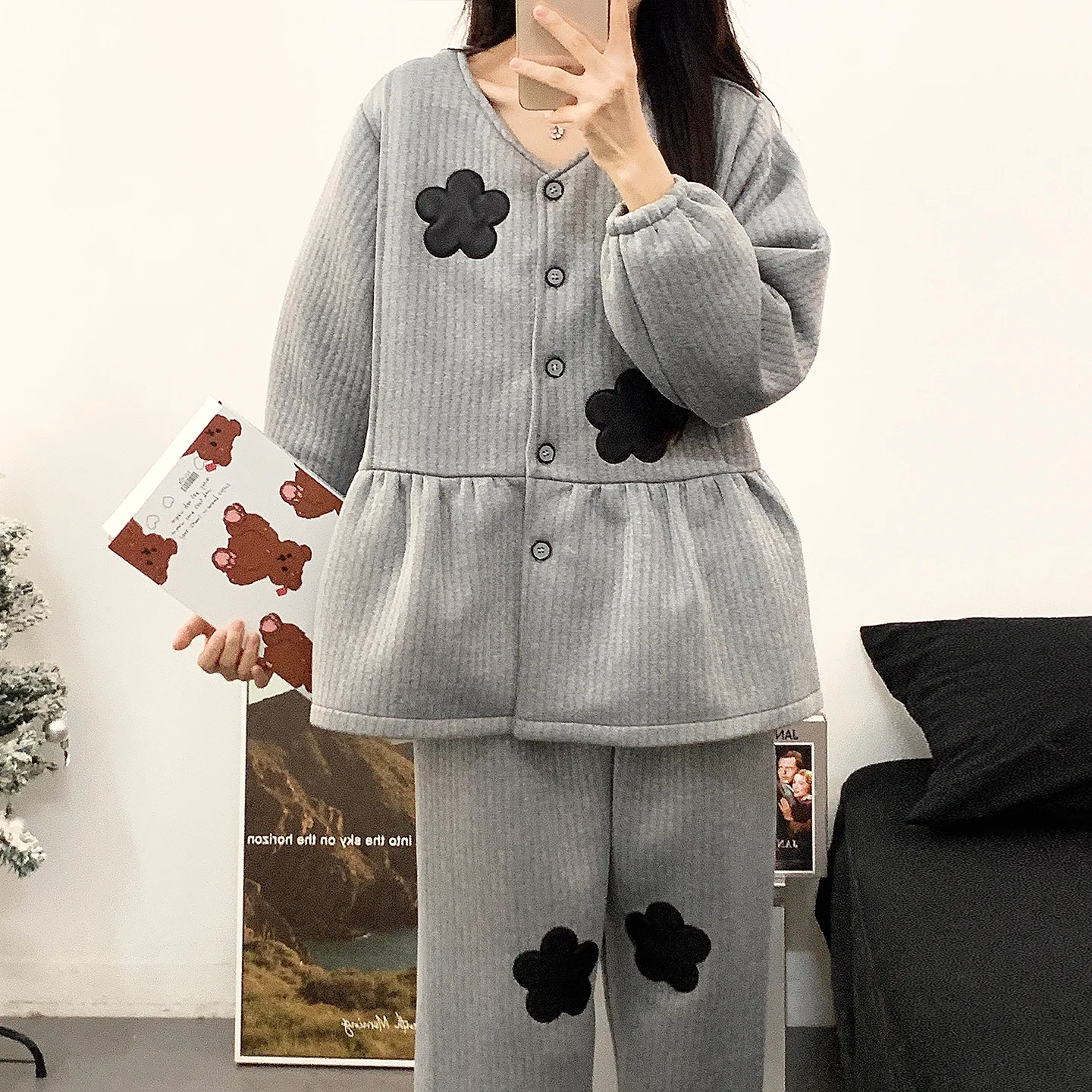 Pijama de lactancia térmico de algodón acolchado para lactancia - imagen 5