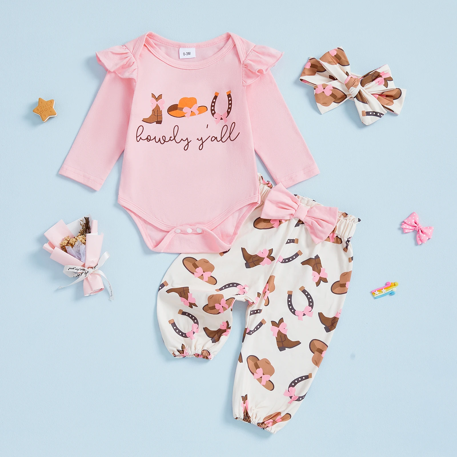 Suefunskry Conjuntos de ropa para niña, botas occidentales de moda, mameluco estampado de manga larga con pantalones, diadema, trajes de otoño de 3 piezas - imagen 4