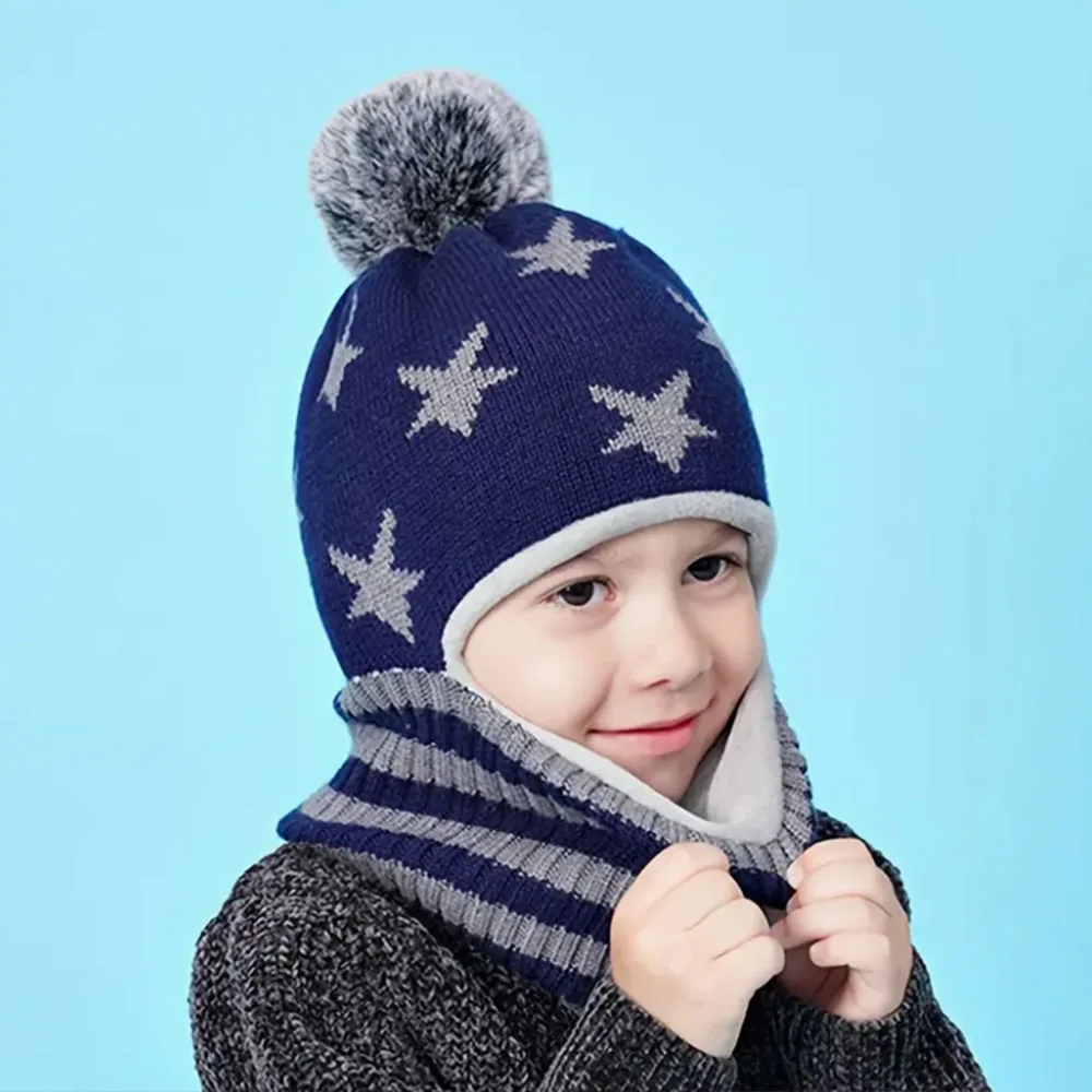 Gorro de punto de moda de dibujos animados cálido y grueso para niños y niñas de 3 a 7 años con orejeras resistente al frío a prueba de viento elástico ajustable