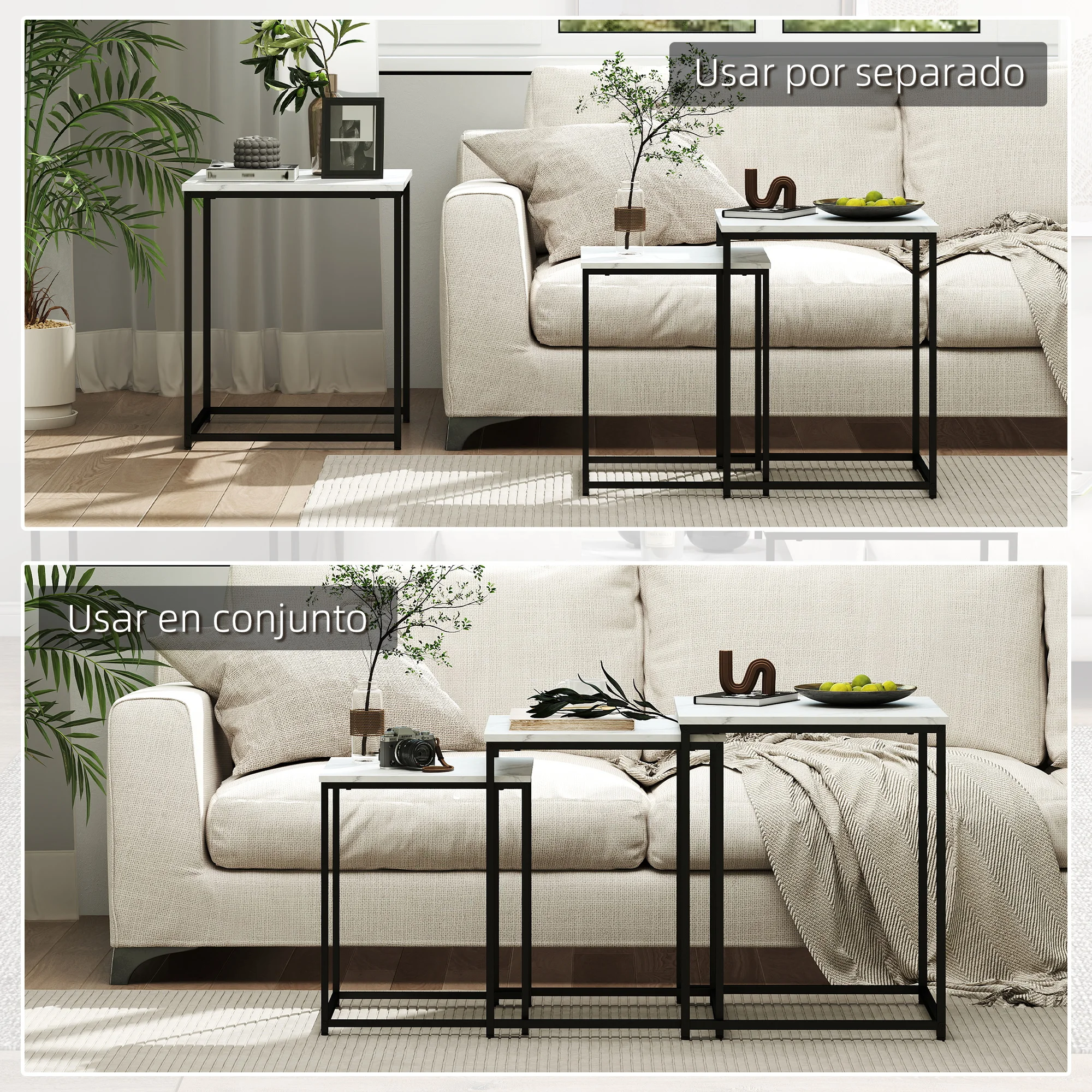 HOMCOM Juego de 3 Mesas Auxiliares para Salón, Mesas Nido con Efecto Mármol y Marco de Acero, Estilo Moderno, para Sala de Estar, Dormitorio, Blanco - imagen 3