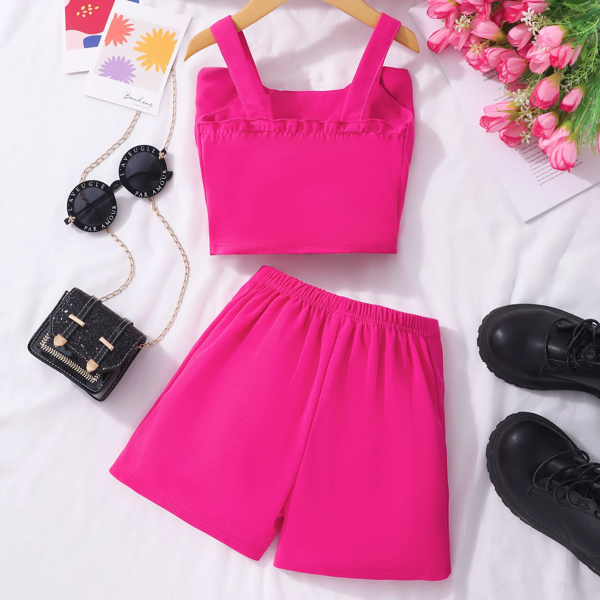 Conjunto de ropa rosa roja para niñas, chaleco con lazo de verano + Pantalones cortos, 2 uds., traje informal de moda para niñas pequeñas de 2, 3, 4, 5, 6, 7 años - imagen 2