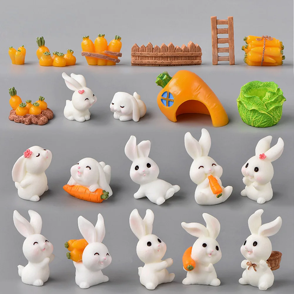 Figurita en miniatura de pequeño conejo y zanahoria, Animal de repollo, decoración del hogar de Pascua, accesorios de decoración de pasteles de jardín, figura moderna de resina