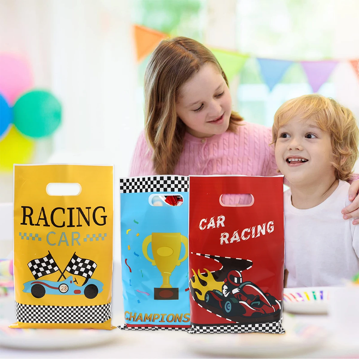 Bolsas de mano de plástico con tema de coche de carreras, regalos de dulces, regalos, regalos para niños, suministros para fiesta de cumpleaños, bolsas de galletas y dulces, 10/25/50 Uds. - imagen 5