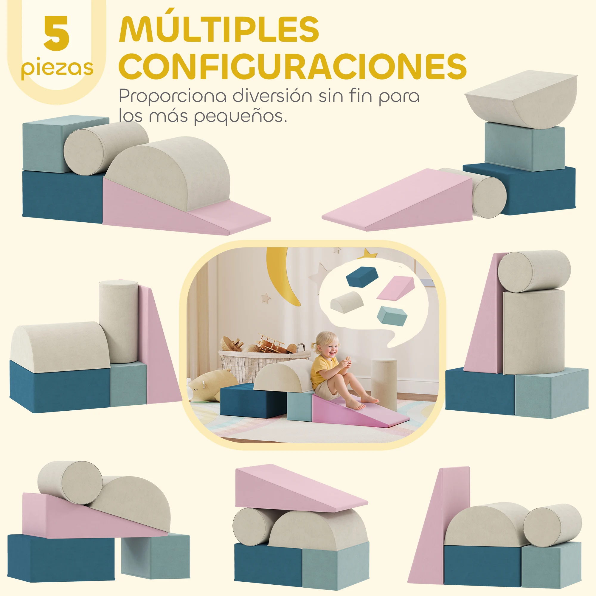 AIYAPLAY Juego de 5 Bloques de Espuma para Niños, Fundas Extraíbles, Bloques de Psicomotricidad, Figuras de Construcción, Juguete para Aprendizaje para Escalar y Gatear, Multicolor - imagen 4