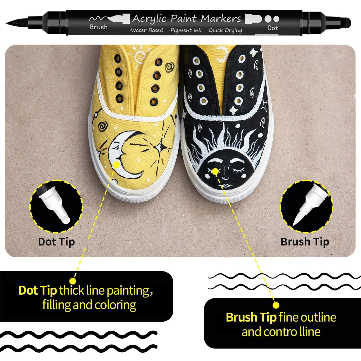 Rotulador de pintura acrílica blanca y negra, pincel de 12 piezas y punta fina para papel, pintura de roca, letrero de madera, Metal, plástico, dibujo - imagen 5