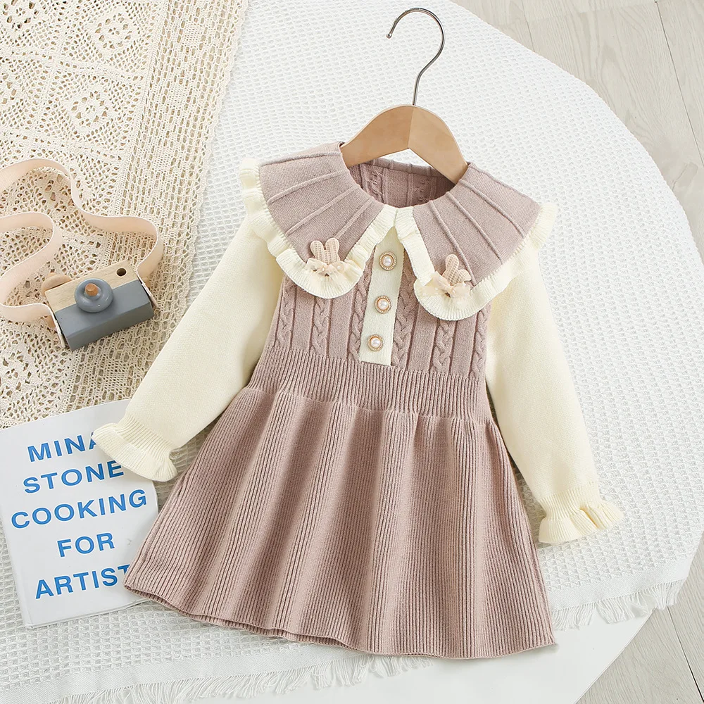 2025 otoño nuevo vestido para niñas vestido con cuello Peter Pan para niñas vestido de punto de línea Linda prendas de punto para niñas - imagen 2