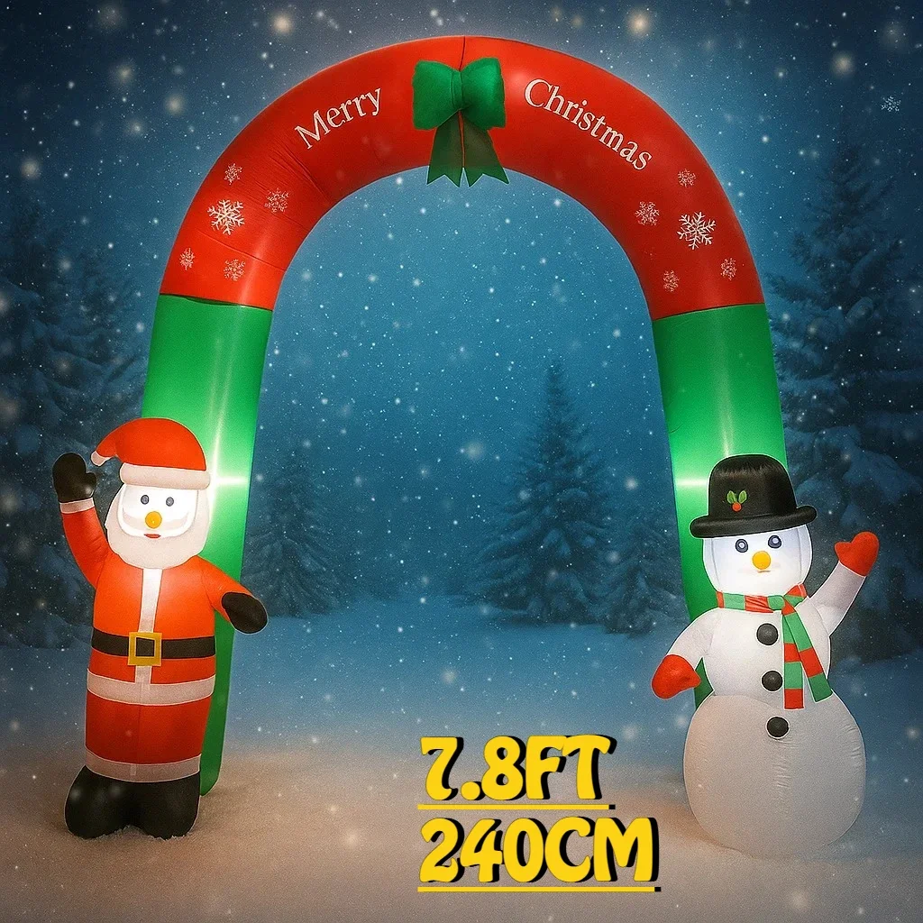 Decoración navideña al aire libre de 7,8 pies, arco de Papá Noel, muñeco de nieve, decoración inflable para patio de Navidad, adornos navideños, luces, juguete para el hogar