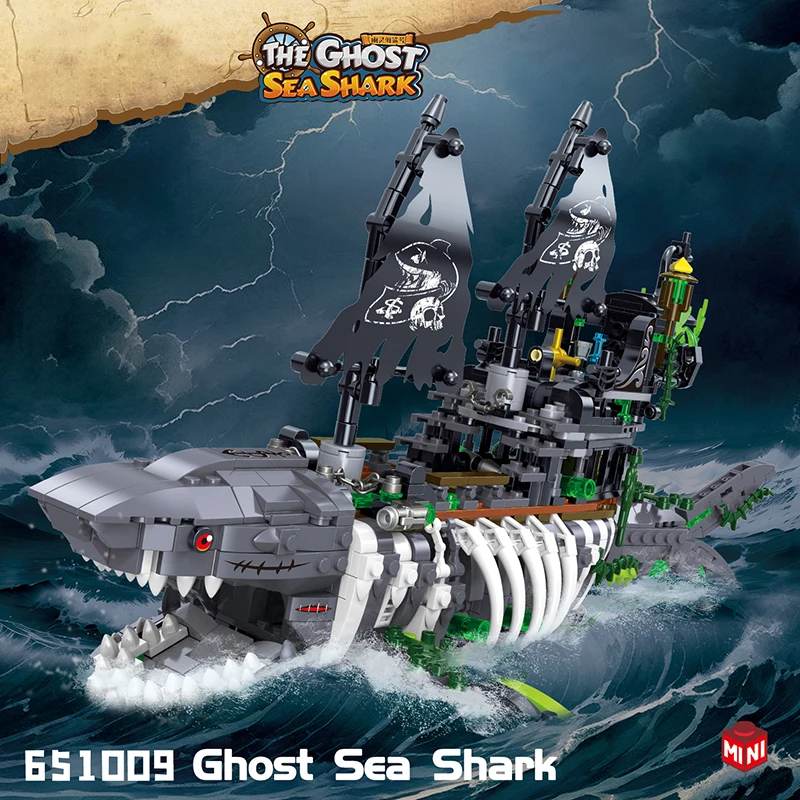 Juego de construcción barco pirata con tiburón - Set náutico infantil