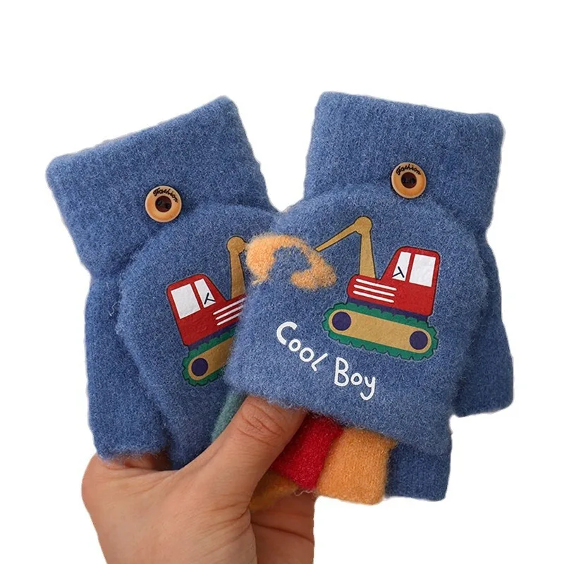 2025 Nuevos guantes para niños de excavadora: estilo de dibujos animados, tejido de medio dedo, a prueba de frío y cálido para niños pequeños en otoño e invierno. - imagen 5