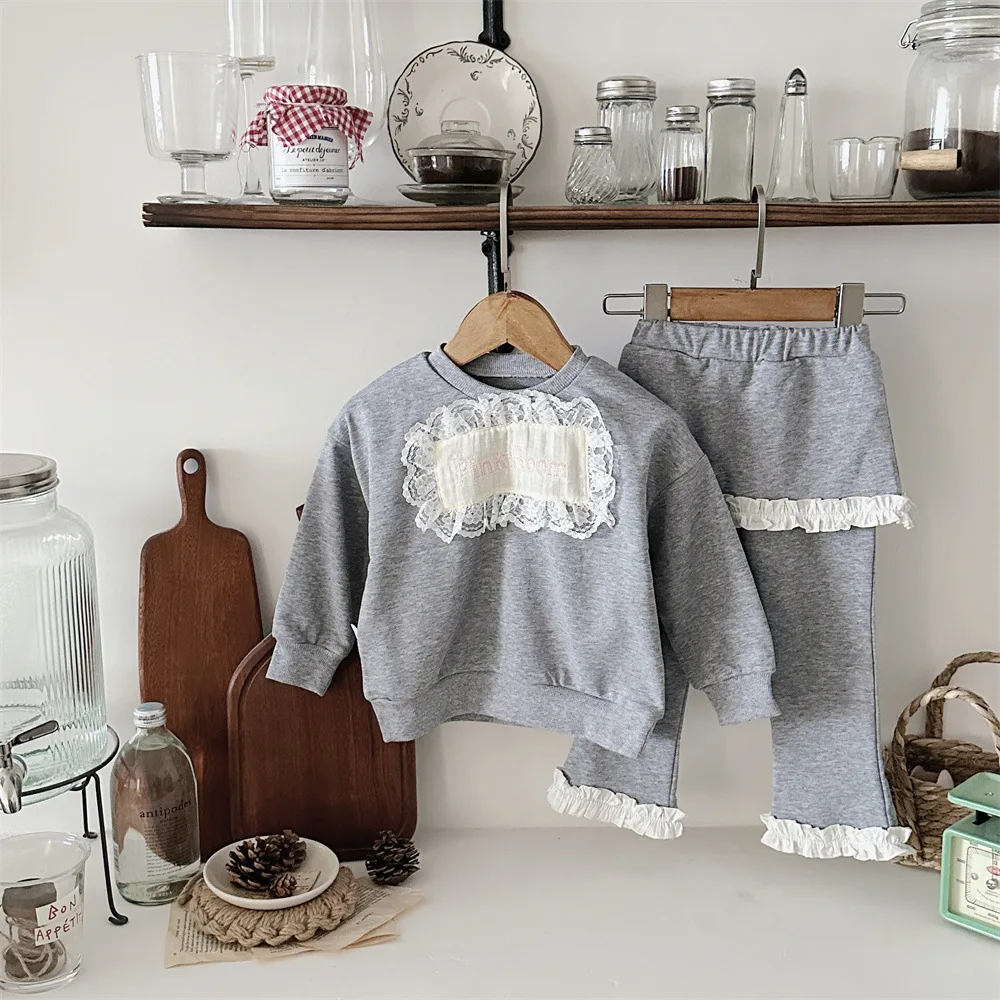 2 unids/set niñas Sudadera con capucha + pantalón primavera otoño nueva ropa para niños estilo coreano bebé Pastoral encaje apliques carta Sudadera con capucha Casual