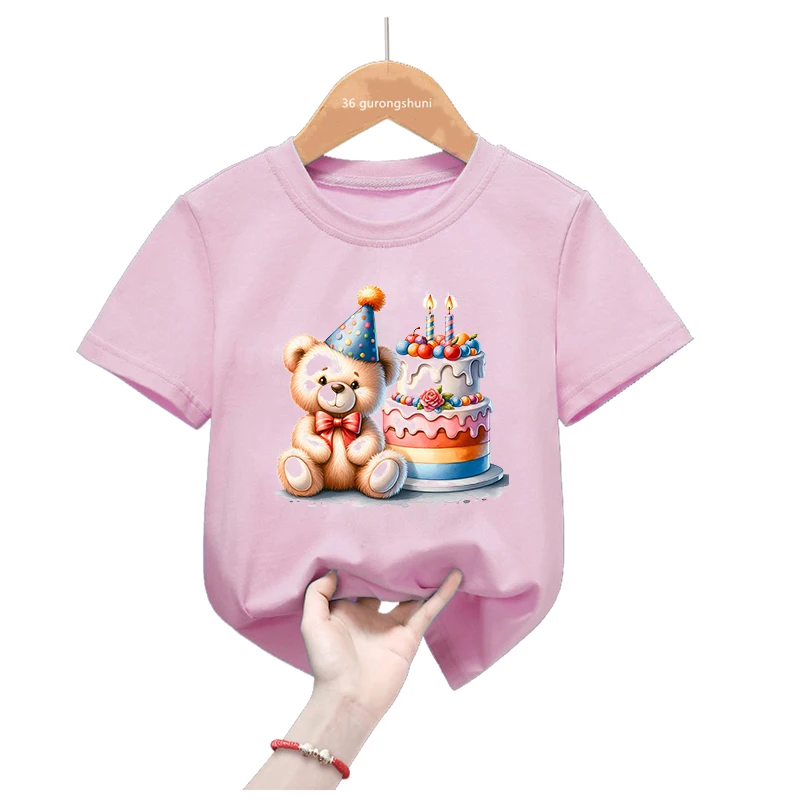 Camiseta con estampado de globo de amor de oso, regalo de cumpleaños para niñas, ropa Kawaii para niños, camiseta Rosa divertida, camiseta de manga corta de verano - imagen 4