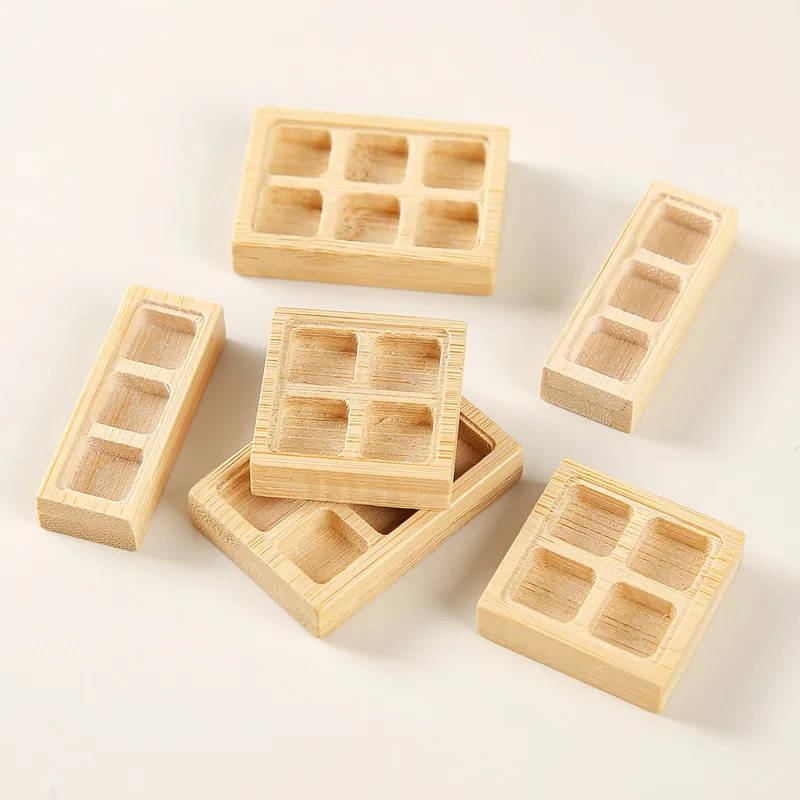 Bandeja de bambú en miniatura para casa de muñecas, bandeja para aperitivos, pastel de fruta, postre, plato de comida, casa de muñecas, escena de juego de simulación, escala 1:12, 5 uds.