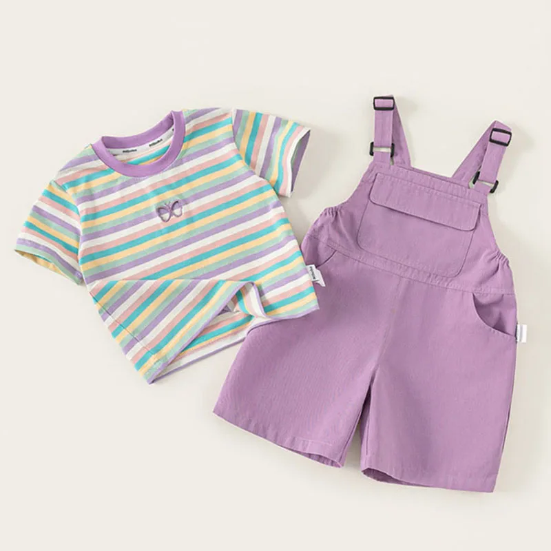 Conjunto de trajes de verano para niño niña, moda coreana, Tops de manga corta con mariposa a rayas y pantalones cortos con tirantes, ropa de Boutique para niño B157 - imagen 4