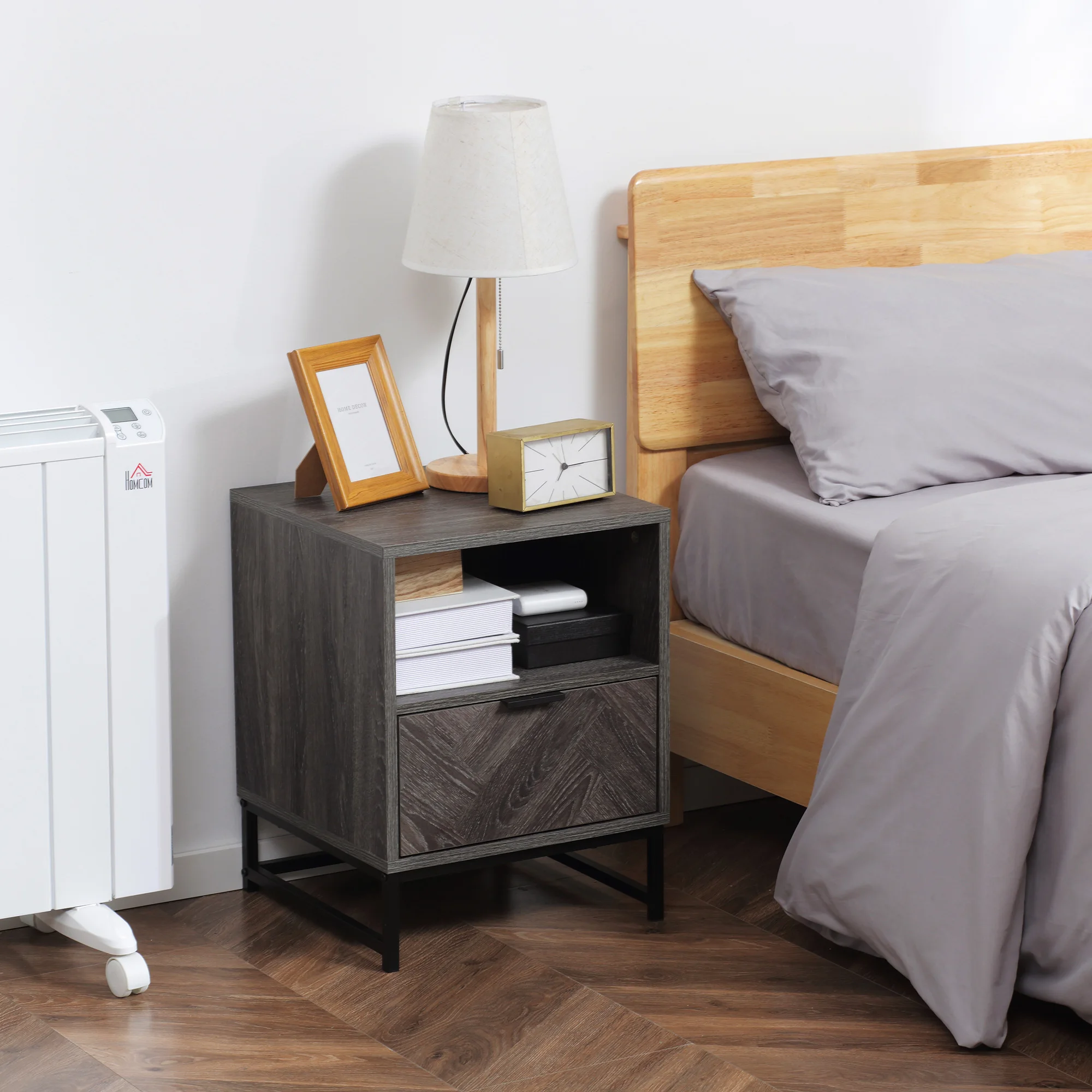 HOMCOM Mesita de Noche con 1 Cajón Estante Abierto y Patas de Acero Mesilla de Noche para Dormitorio Salón Cama Oficina Estilo Moderno 40x40x52 cm Gris Oscuro - imagen 2